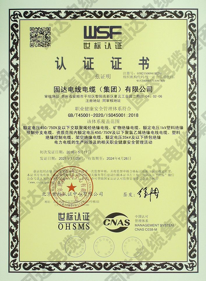 職業健康安全管理體系證書