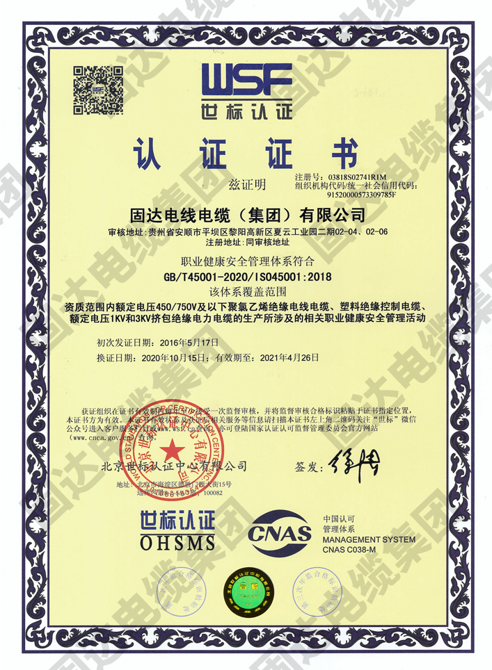 職業健康安全管理體系證書